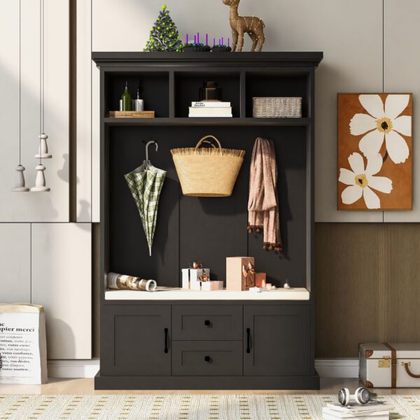 Hall Tree With 3 Hooks, Coat Hanger, Entryway Bench, Storage Bench, 3 In 1 Design, For Entrance, Hallway - Black