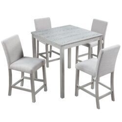 5 Piece Counter Height Table Set, Wooden Kitchen Table Set With Square Table And 4 Upholstered Chairs, Counter Height Dining Table With Crystal Decoration And Chair Set - Silver Gray