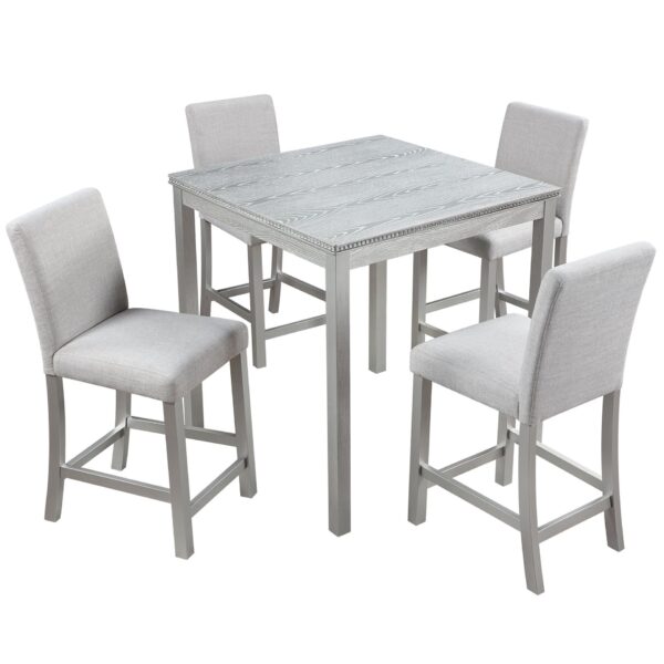 5 Piece Counter Height Table Set, Wooden Kitchen Table Set With Square Table And 4 Upholstered Chairs, Counter Height Dining Table With Crystal Decoration And Chair Set - Silver Gray