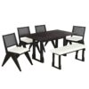 Modern 6 Piece Extendable Dining Table Set With 4 Wicker Back Upholstered Dining Chairs And Long Bench, 2 Removable Leaf - Espresso - Image 9