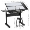 Hand Crank Adjustable Drafting Table Drawing Desk With 2 Metal Drawers With Stool - Black - Image 13