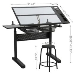 Hand Crank Adjustable Drafting Table Drawing Desk With 2 Metal Drawers With Stool - Black