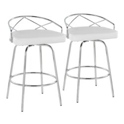 Charlotte - Glam Glam / Art Deco Fixed Height Counter Stool With Swivel With Round Footrest (Set of 2) - Chrome / White
