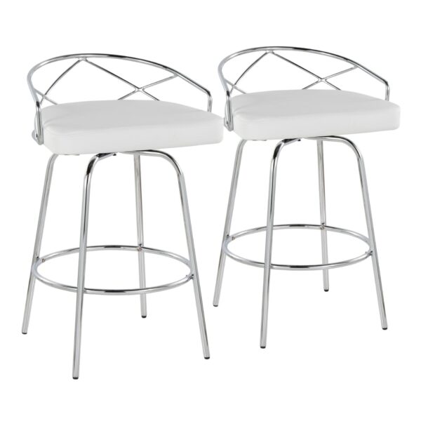 Charlotte - Glam Glam / Art Deco Fixed Height Counter Stool With Swivel With Round Footrest (Set of 2) - Chrome / White