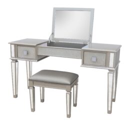 Mirrored Vanity Desk With Drawers And Stool, Flip Up Dressing Table Set For Makeup Room, And Glass Construction - Silver