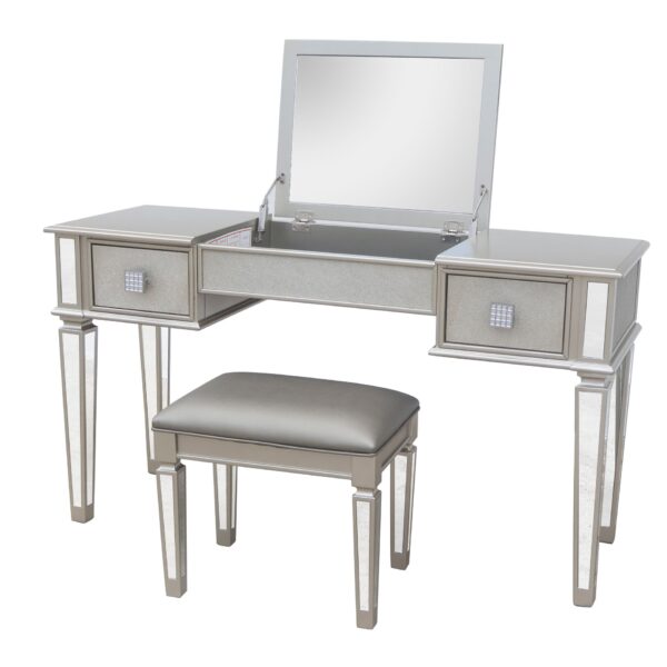 Mirrored Vanity Desk With Drawers And Stool, Flip Up Dressing Table Set For Makeup Room, And Glass Construction - Silver