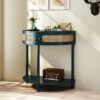 Boho Rattan Semi Circle End Table With Sliding Rattan Door, Elegant Entryway Console With Storage And Bottom Shelf - Antique Green - Image 14