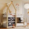 Twin Over Twin House Bunk Bed With White Storage Staircase And 2 Blackboards - White / Natural - Image 7