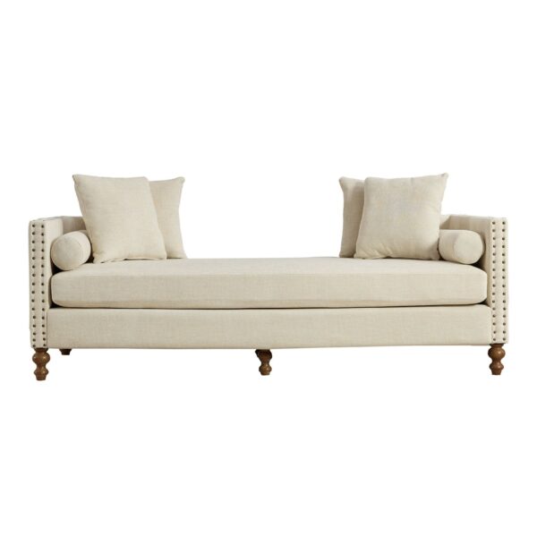 Chenille Upholstered Chaise Lounge With Nailheads, Sleeper Sofa Couch With 4 Throw Pillows & 2 Bolsters, Daybed With Rubberwood Legs - Beige
