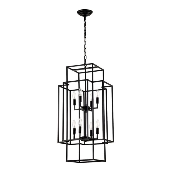 8 Light Metal Lantern Tiered Pendant Hanging Light Fixtures, Industrial Farmhouse Adjustable Height Chandeliers For Dining Room Hallway Foyer Entryway (E12 Bulbs Not Included) - Matte Black