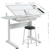38.18" Hand Crank Adjustable Drafting Table Drawing Desk With 2 Metal Drawers With Stool - White - Image 10