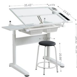 38.18" Hand Crank Adjustable Drafting Table Drawing Desk With 2 Metal Drawers With Stool - White