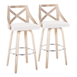 Charlotte - Farmhouse Fixed Height Barstool With Swivel Round Chrome Footrest (Set of 2) - White Washed / Cream