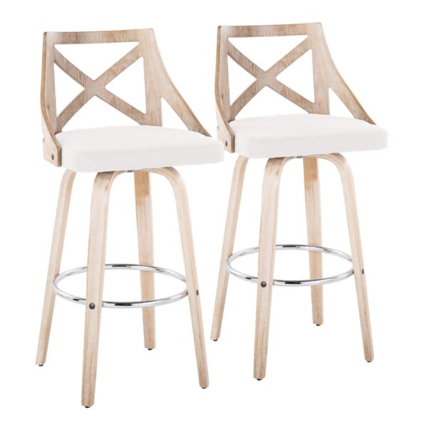 Charlotte - Farmhouse Fixed Height Barstool With Swivel Round Chrome Footrest (Set of 2) - White Washed / Cream