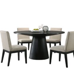 Jasper - 5 Piece Wide Contemporary Round Dining Table With Beige Fabric Chairs (Set of 5) - Black