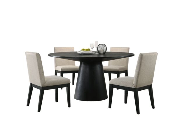 Jasper - 5 Piece Wide Contemporary Round Dining Table With Beige Fabric Chairs (Set of 5) - Black