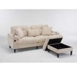 3 Seat L-Shaped Chenille Sofa With Removable And Storage Ottoman, Side Storage, And USB / C - Type Charging Ports Sofa For Living Room, Bedroom, Apartment - Beige
