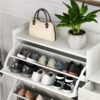 Natural Bohemia Style Shoe Cabinet, Shoe Rack Cabinet With 3 Rattan Flip Drawers, 3 Square Shelves And 1 Storage Drawer, Shoe Organizer With Mulit Storage Space And Hooks For Hallway, Entryway - White - Image 13
