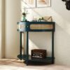 Boho Rattan Semi Circle End Table With Sliding Rattan Door, Elegant Entryway Console With Storage And Bottom Shelf - Antique Green - Image 2