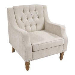 Accent Chair, Living Room Chair, Footrest Chair Set With Vintage Brass Studs, Button Tufted Upholstered Armchair For Living Room, Comfy Reading Chair For Bedroom, Reception Room - Beige