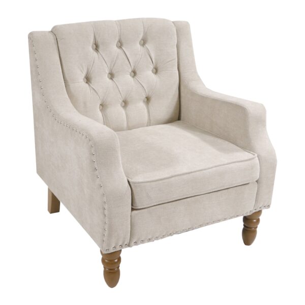 Accent Chair, Living Room Chair, Footrest Chair Set With Vintage Brass Studs, Button Tufted Upholstered Armchair For Living Room, Comfy Reading Chair For Bedroom, Reception Room - Beige
