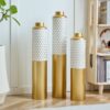 Modern Droplet Shaped Floor Vase Set Honeycomb Design, 3 Piece Metal Decorative Vases For Home Interior Display - Gold / White - Image 2