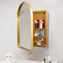 Arched Recessed Medicine Cabinet, Metal Framed Bathroom Wall Cabinet With Mirror And Adjustable Shelves, Wall Mirror With Storage For Bathroom - Matte Gold