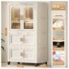 Side Wide Folding Wardrobe, With Magnetic Door, Plastic Storage Cabinet With Wheels (1 Layer Of Wardrobe + 2 Layers Of Folding Boxes + 10 Hangers) - Cream White - Image 4