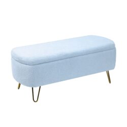 Storage Ottoman Bench For End Of Bed Gold Legs, Modern Gray Faux Fur Entryway Bench Upholstered Padded With Storage For Living Room Bedroom - Blue