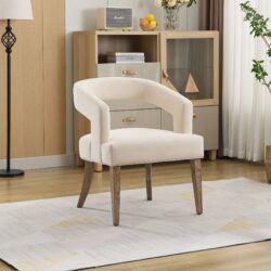 Wide Modern Barrel Open Back Upholstered Accent Chair With Weathered Solid Wood Legs Dining Chairs For Dining Room, Club, Kitchen And Living Room - Beige