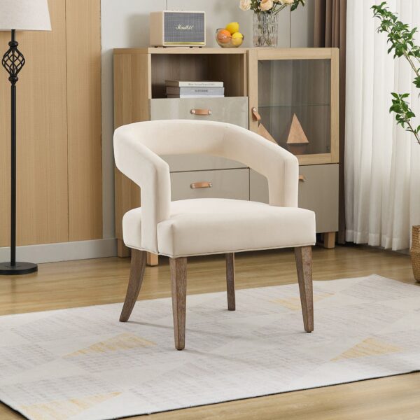 Wide Modern Barrel Open Back Upholstered Accent Chair With Weathered Solid Wood Legs Dining Chairs For Dining Room, Club, Kitchen And Living Room - Beige