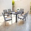 7 Pieces Outdoor Patio Furniture Set, Modern Dining Set With 6 Dining Chairs Sunbrella Fabric, Rectangular Table With Umbrella Hole - Bourbon Brown - Image 2