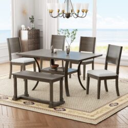 Topmax - 6 Piece Wood Dining Table Set With Storage Shelf And Curved Legs, Kitchen Table Set With Bench And 4 Removable Cushions Dining Chairs, Modern Style - Brown / Gray