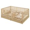 Full Size Daybed With Fence Guardrails And 2 Drawers, Split Into Independent Floor Bed & Daybed - Natural - Image 12