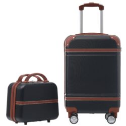 20" Hardside Luggage With Cosmetic Case, 2 Piece Lightweight Suitcase Set With Spinner Wheels, Carry On Vintage Luggage - Black