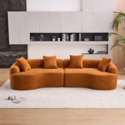 Compression Sofa:4 Seater Orange Sofa With Wood Grain Chenille Fabric, 30D, 60 Hardness Full Sponge, 4 Pillows For Living Room, Home Furniture Sleeper Sectional Sofa For Apartment