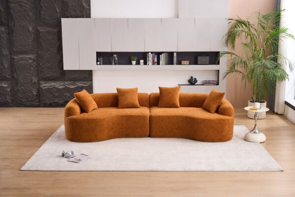 Compression Sofa:4 Seater Orange Sofa With Wood Grain Chenille Fabric, 30D, 60 Hardness Full Sponge, 4 Pillows For Living Room, Home Furniture Sleeper Sectional Sofa For Apartment
