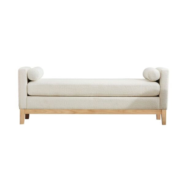 Elegant Upholstered Bench Daybed Ottoman With Nature Wood Legs & Bolster Pillows - Ivory Boucle