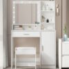 Vanity Desk With Mirror & Light, Large Drawer Three Level Storage Dresser, 3 Lighting Modes Adjustable Brightness, Bedroom Dressing Table (With Stool) - White - Image 2