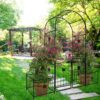Metal Garden Arch With Gate High Climbing Plants Support Rose Arch Outdoor - Black - Image 7