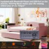 Full Size Upholstered Daybed With Storage Armrests, Trundle And Latest Integrated Bluetooth Audio System, Teddy Fleece - Pink - Image 13