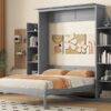 Queen Size Murphy Wall Bed With Shelves And LED Lights - Gray - Image 14