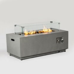 42" Propane Gas Fire Pit Table, 50000 Btu Rectangular Steel Fire Pit With Glass Wind Guard For Outside Patio Deck Garden Courtyard - Gray