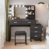 Vanity Desk With Lights, Makeup Vanity Set With Charging Station, Dressing Table With 5 Drawers And Cabinet, Vanity Mirror 3 Lighting Color Adjustable - Black - Image 2