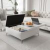 Modern Wood And Fabric Square Storage Ottoman Coffee Table With Lift - Top Design - Upholstered Bench For Living Room Organization - White - Image 12
