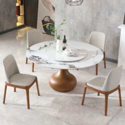 Round Modern Marble Dining Table With 4 Chairs - Walnut / White