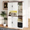 Farmhouse Kitchen Pantry Sideboard With Cabinet And Drawer, Multi Functional Kitchen Buffet With Hutch And Glass Holder, Microwave Stand With Charging Station - Brown / Antique White - Image 4