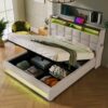 Queen Size Upholstered Platform Bed With A Hydraulic Storage System, LED And USB Charging (Without Mattress) - Natural - Image 8