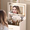 Compact 3 In 1 Vanity Desk With Open Top Mirror, Glass Desktop, 5 Height - White - Image 5