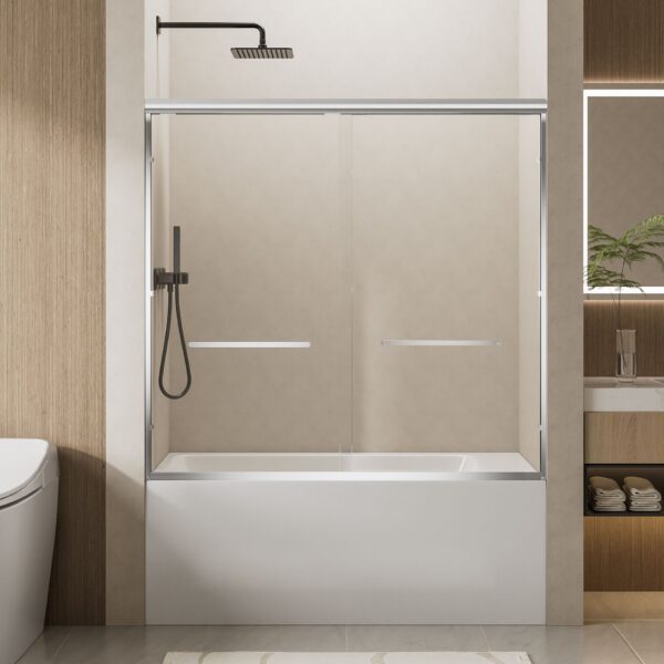 Aluminum Frame Double Sliding Soft Close Bathtub Shower Door, 1 / 4" Tempered Glass And Dual 304 Stainless Steel Handles - Chrome